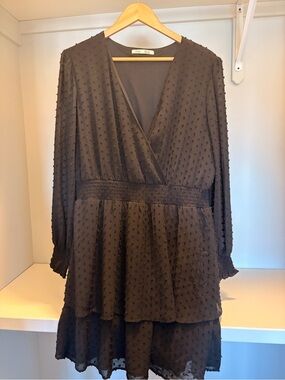 Dex Black Textured Long-Sleeve Wrap Dress